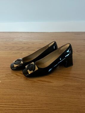 Clark Heels Size 6.5 Black Patent with Decorative Buckle